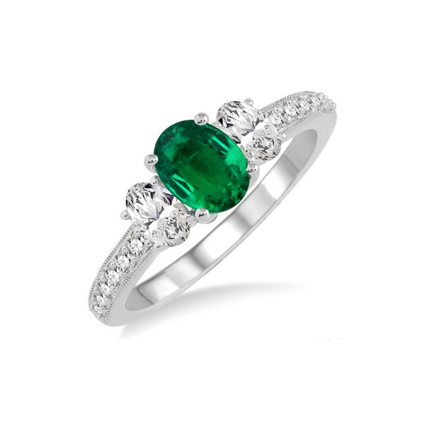 7X5mm Oval Shape Emerald and 3/4 Ctw Round Cut Diamond Ring in 14K White Gold Robert Irwin Jewelers Memphis, TN