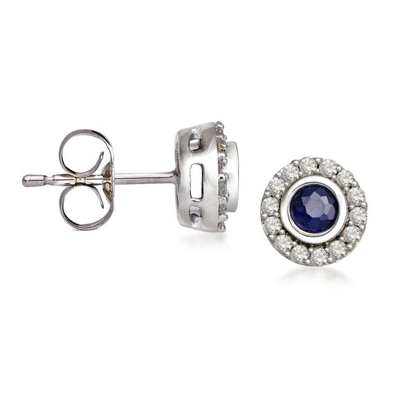10k White Gold 1/3 Carat Round Sapphire and Diamond Halo Earrings Robert Irwin Jewelers Memphis, TN