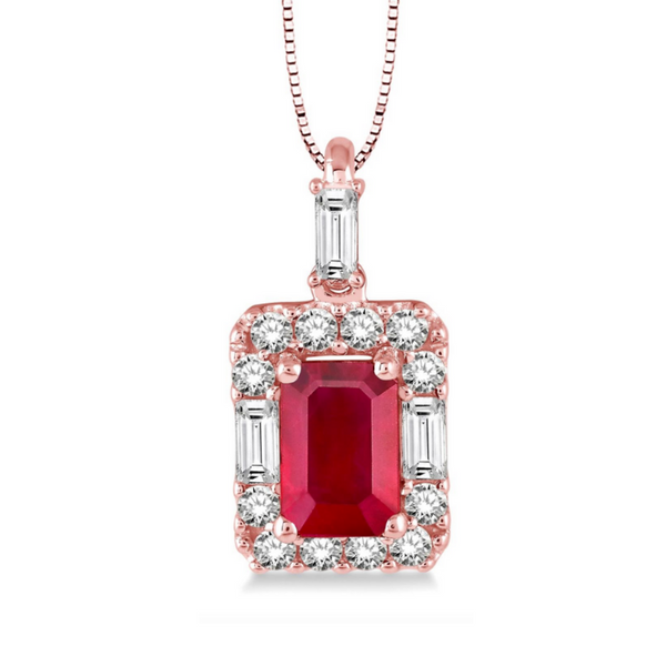 14 Karat Rose Gold Octagon Cut Ruby and Diamond Pendant Robert Irwin Jewelers Memphis, TN