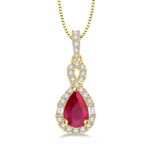 14 Karat Yellow Gold 1/3 Carat Diamond and Pear Shape Ruby Infinity Pendant Robert Irwin Jewelers Memphis, TN