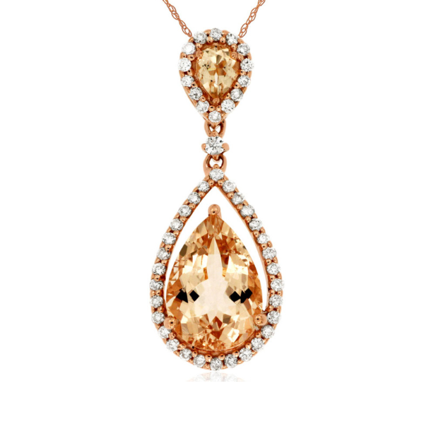 Rose Gold Pear Shape Morganite and Diamond Pendant Robert Irwin Jewelers Memphis, TN