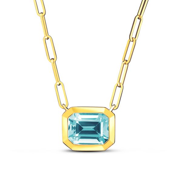 Emerald Cut Blue Topaz Paperclip Necklace in 14K Yellow Gold Robert Irwin Jewelers Memphis, TN