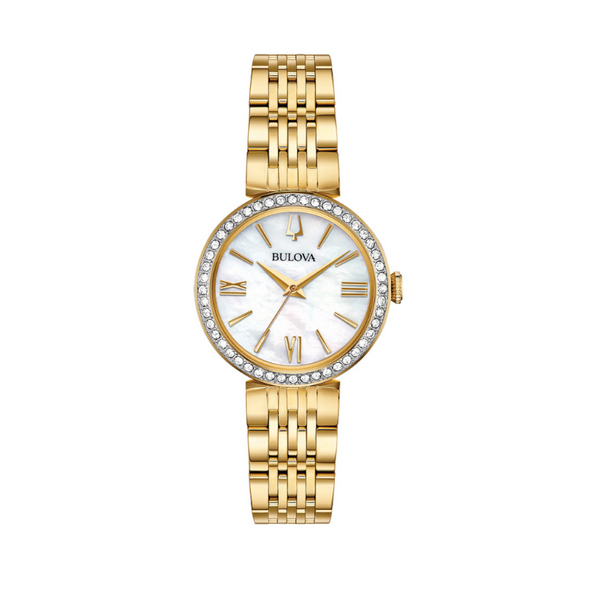 Bulova Ladies Crystal Stainless Steel Gold-Tone Watch and Bracelet Set Image 2 Robert Irwin Jewelers Memphis, TN