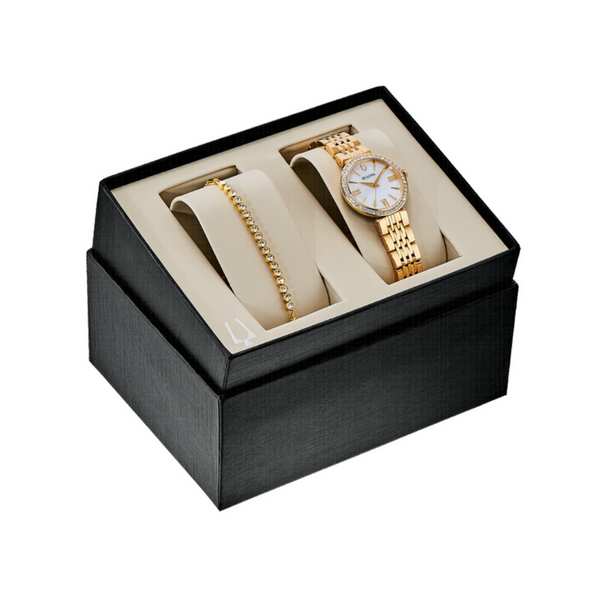 Bulova Ladies Crystal Stainless Steel Gold-Tone Watch and Bracelet Set 98X122 Image 4 Robert Irwin Jewelers Memphis, TN