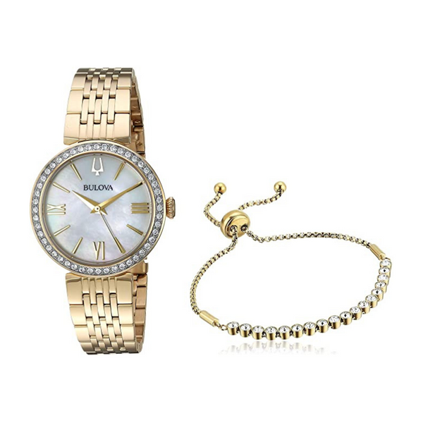 Bulova Ladies Crystal Stainless Steel Gold-Tone Watch and Bracelet Set 98X122 Robert Irwin Jewelers Memphis, TN