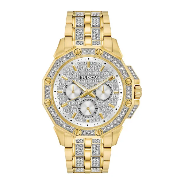 Bulova Octava Men's Gold Pave Dial Crystal Watch 98C126 Robert Irwin Jewelers Memphis, TN