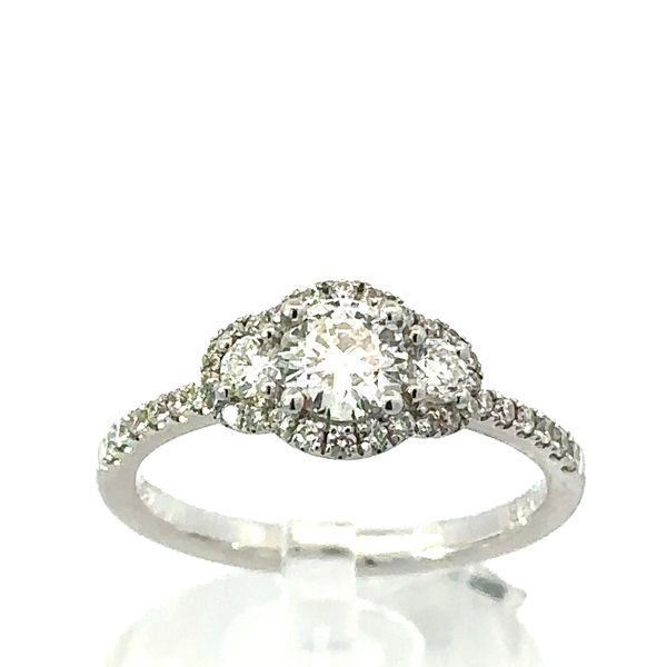 14k white gold three stone with halo engagement ring Roberts Jewelers Jackson, TN