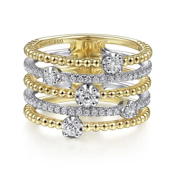 14K White-Yellow Gold Five Row Bujukan Ball and Diamond Station Ring Image 2 Roberts Jewelers Jackson, TN