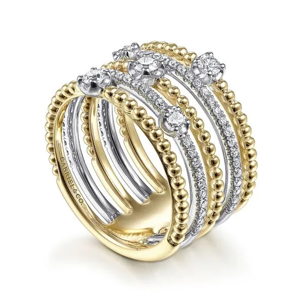 14K White-Yellow Gold Five Row Bujukan Ball and Diamond Station Ring Roberts Jewelers Jackson, TN
