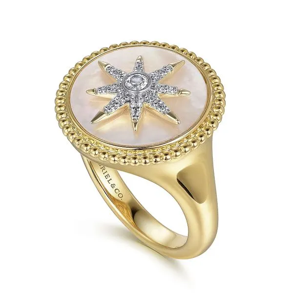 14K Yellow Gold Mother of Pearl Inlay and Diamond Starburst Signet Ring Image 2 Roberts Jewelers Jackson, TN