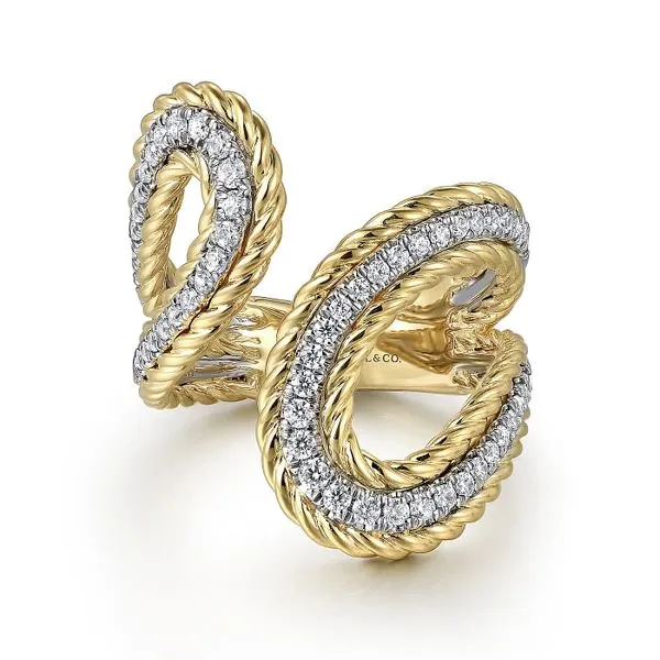 14K White and Yellow Gold Rope Diamond Bypass Ladies Ring Roberts Jewelers Jackson, TN