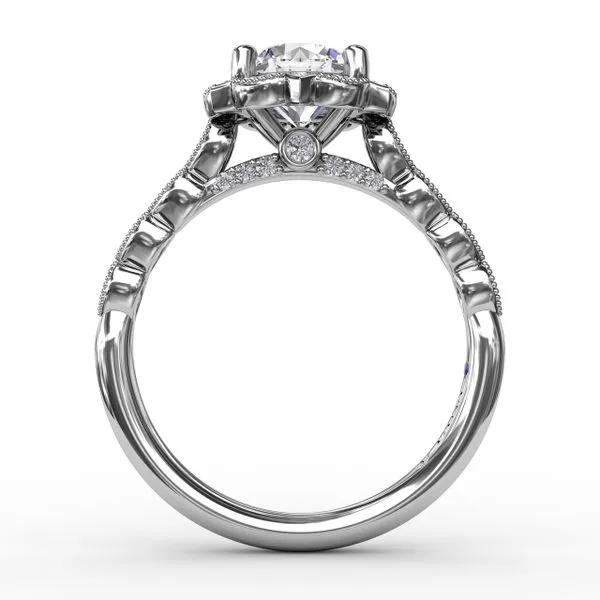 Round Diamond Engagement With Floral Halo and Milgrain De...