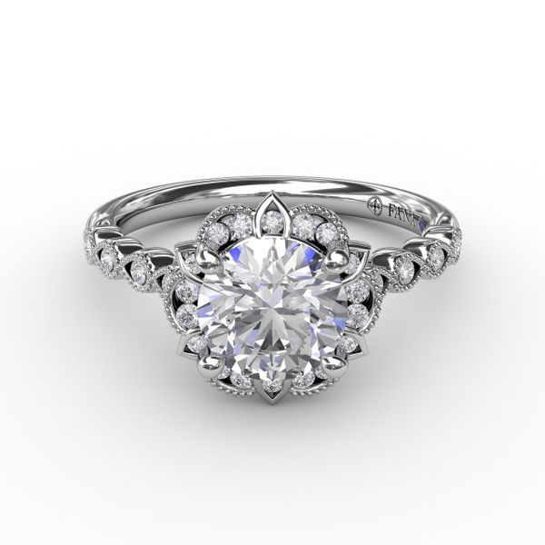 Round Diamond Engagement With Floral Halo and Milgrain Details Image 3 Roberts Jewelers Jackson, TN