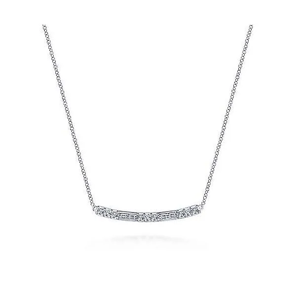 14K White Gold Round and Baguette Diamond Curved Bar Necklace Roberts Jewelers Jackson, TN