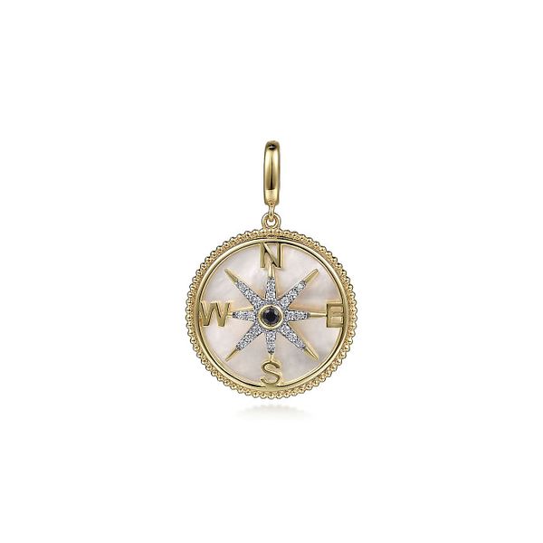 14K Yellow Gold Diamond Blue Sapphire Compass Medallion Pendant Roberts Jewelers Jackson, TN