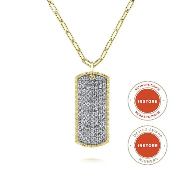 14K Yellow Gold Diamond Pave Dog Tag Pendant Hollow Chain Necklace Roberts Jewelers Jackson, TN