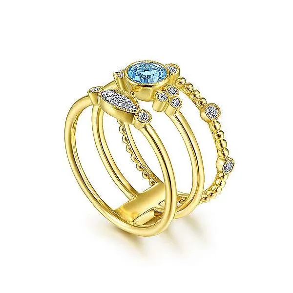 14K Yellow Gold Three Row Beaded Round Blue Topaz Ring Roberts Jewelers Jackson, TN
