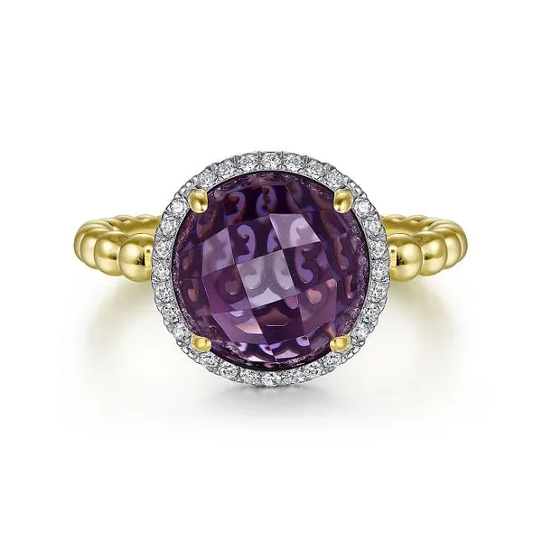 14K Yellow Gold Round Amethyst and Diamond Halo Ring Roberts Jewelers Jackson, TN