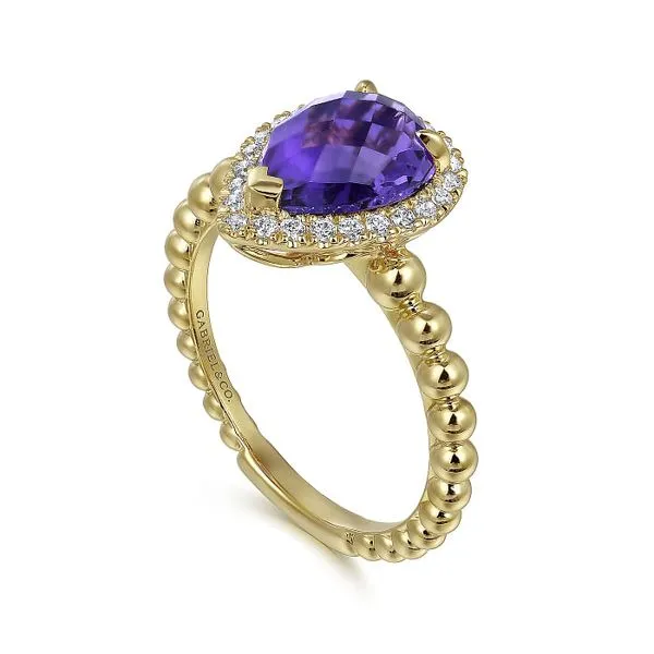 14K Yellow Gold Pear Shape Amethyst with Diamond Halo Ring Image 2 Roberts Jewelers Jackson, TN