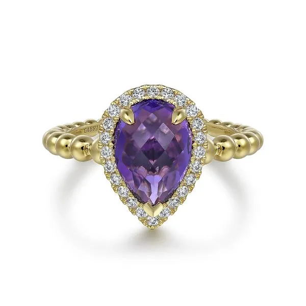 14K Yellow Gold Pear Shape Amethyst with Diamond Halo Ring Roberts Jewelers Jackson, TN