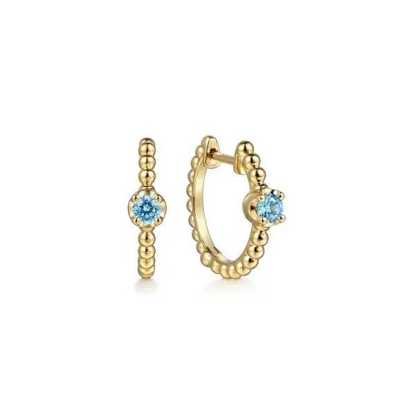 14K Yellow Gold Bujukan Blue Topaz 15mm Huggie Earrings Roberts Jewelers Jackson, TN