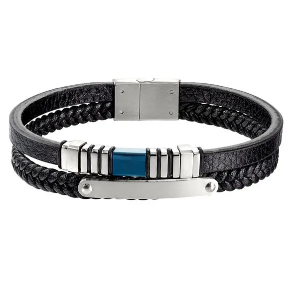 Navy blue accented leather cord and stainless bracelet