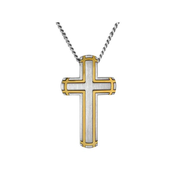 Gold banded stainless steel cross pendant with chain Roberts Jewelers Jackson, TN