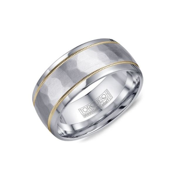 14k yellow gold and white cobalt mens band with hammered center and polished sides Roberts Jewelers Jackson, TN
