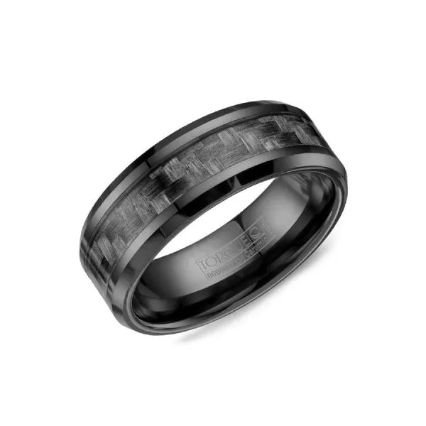 Black ceramic mens band with fiber inlay with bevel edge Roberts Jewelers Jackson, TN