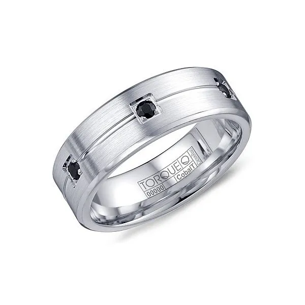 White cobalt mens band with brushed finish and black sapphires Roberts Jewelers Jackson, TN
