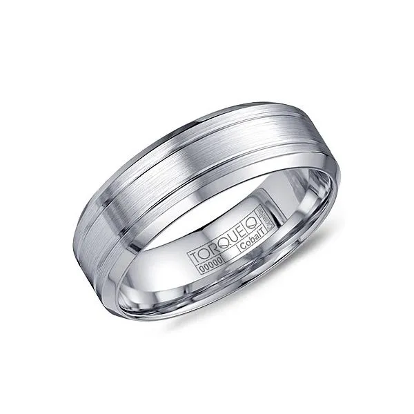 White cobalt mens band with brushed center and grooves Roberts Jewelers Jackson, TN