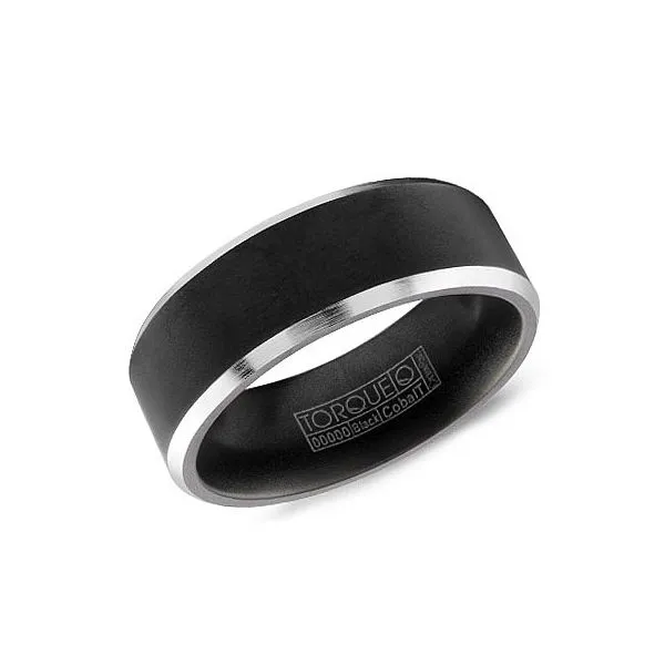 Black cobalt mens band with brushed finish and beveled white cobalt edge Roberts Jewelers Jackson, TN