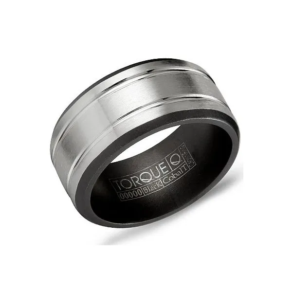 Black cobalt mens band with brushed finish and white cobalt center with line detail Roberts Jewelers Jackson, TN