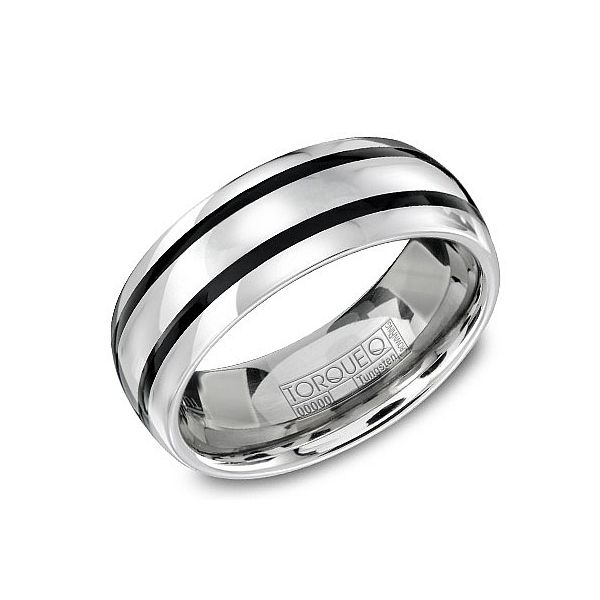 Tungsten mens band with black enamel line detail Roberts Jewelers Jackson, TN