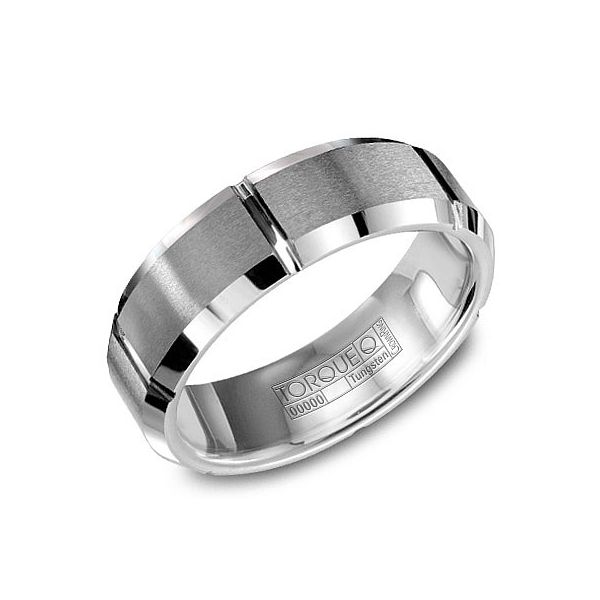 Gray tungsten mens band with brushed finish, beveled edge, and line detail Roberts Jewelers Jackson, TN