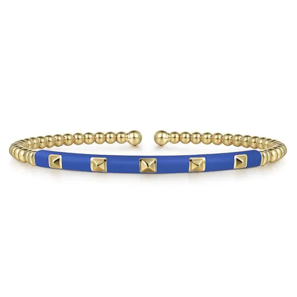 14K Yellow Gold Bujukan Beads and Pyramid Split Bangle with Blue Enamel Roberts Jewelers Jackson, TN