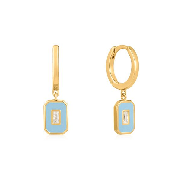 Powder Blue Enamel Emblem Gold Hoop Earrings Roberts Jewelers Jackson, TN