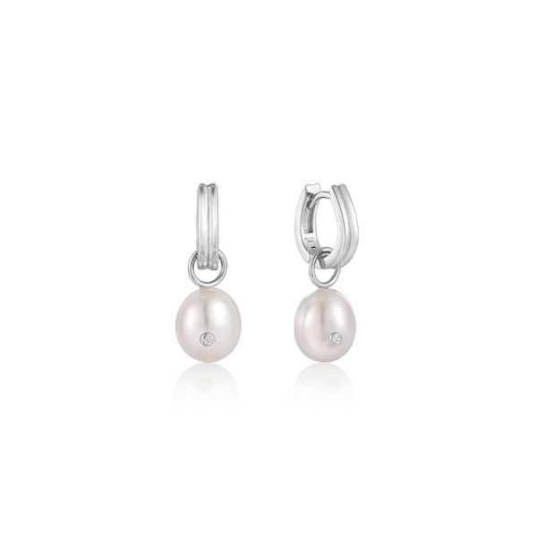 Silver Pearl Drop Sparkle Huggie Hoop Earrings  Roberts Jewelers Jackson, TN