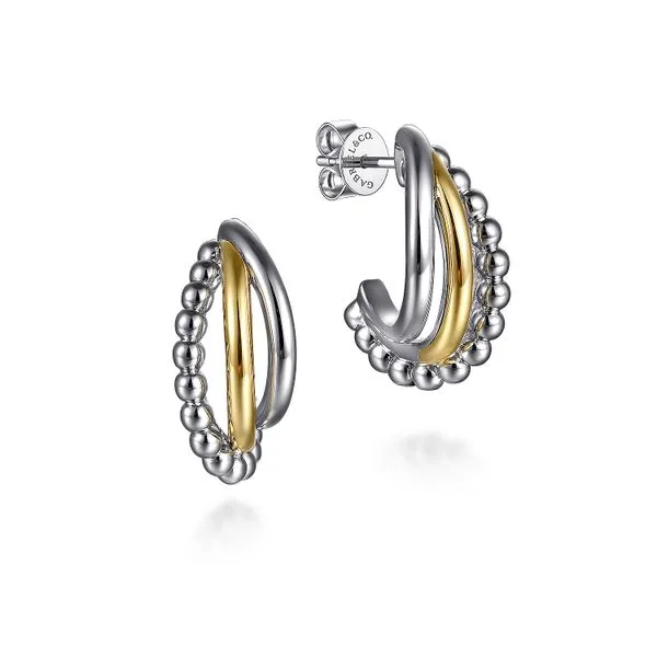 925 Sterling Silver and 14K Yellow Gold Bujukan Criss Cross J Hoop Earrings Roberts Jewelers Jackson, TN