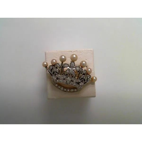Circa 1920 14k Diamond & Pearl Crown Brooch