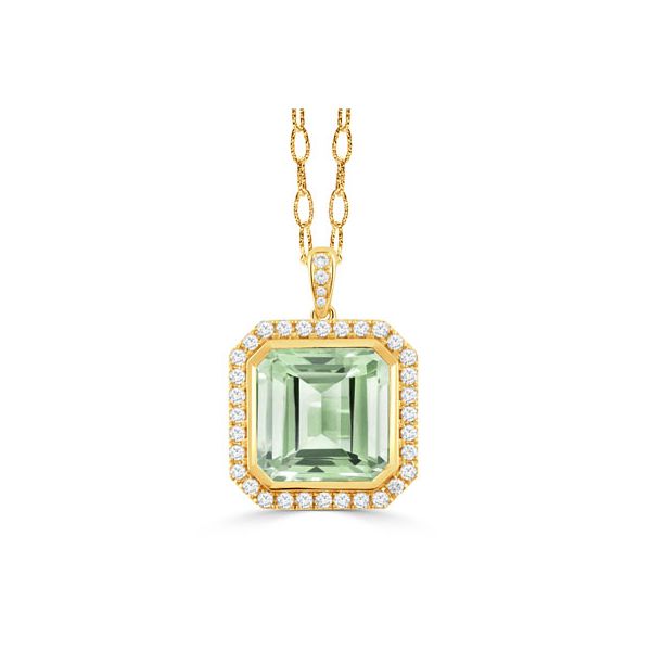 18k yellow gold Asscher cut green amethyst with diamond halo pendant  Robichau's Jewelry, LLC The Woodlands, TX