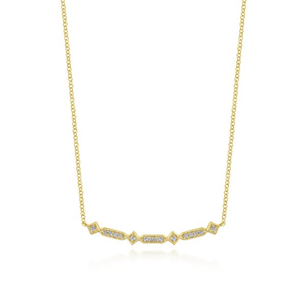 Gabriel 14K Yellow Gold Curved Geometric Diamond Bar Necklace Rolland's Jewelers Libertyville, IL