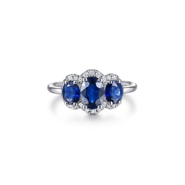 Gabriel Oval 3 Stone Blue Sapphire & Diamond Ring W/ Halo Frame Rolland's Jewelers Libertyville, IL