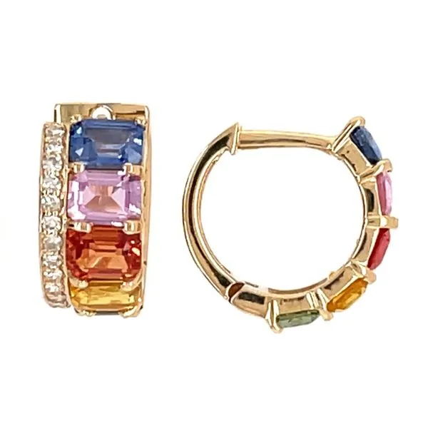 14Ky Rainbow Sapphires & Diamond Hoop Earrings Image 2 Rolland's Jewelers Libertyville, IL