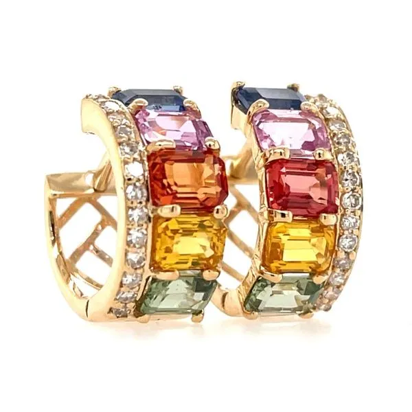 14Ky Rainbow Sapphires & Diamond Hoop Earrings Rolland's Jewelers Libertyville, IL