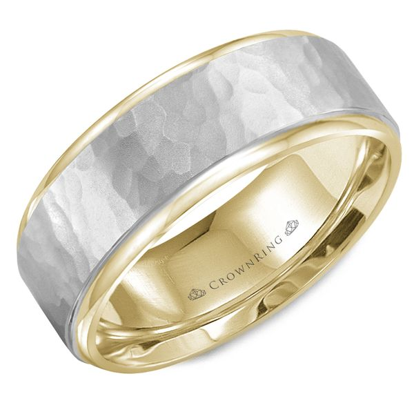 Crown Ring Two Tone Gold Hammered Men's Wedding Band Rolland's Jewelers Libertyville, IL