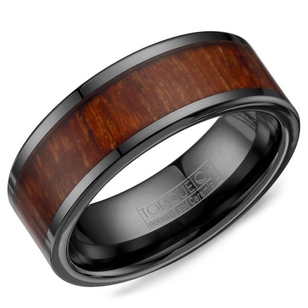 Crown Ring Black Ceramic and Wooden Inlay Band Rolland's Jewelers Libertyville, IL