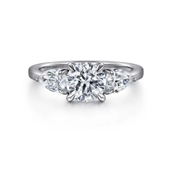 Classic three stone diamond ring, featured in platinum. * Center not included. Root Jewelers Medford, OR