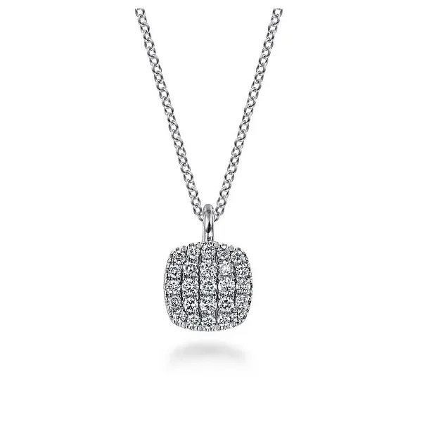 Gleaming pave cushion shaped pendant by Gabriel & Co Root Jewelers Medford, OR