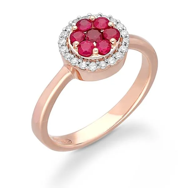 Lovely Haloed Cluster Ruby and Diamond Ring Root Jewelers Medford, OR